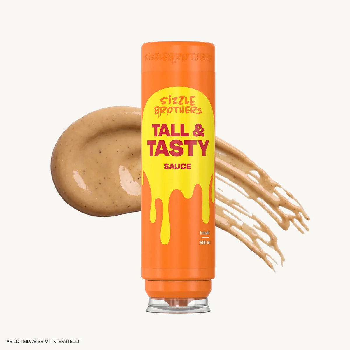 Sizzle Brothers Tall & Tasty Sauce, orange 500-ml-Flasche mit einem Strich der cremigen Sauce daneben
