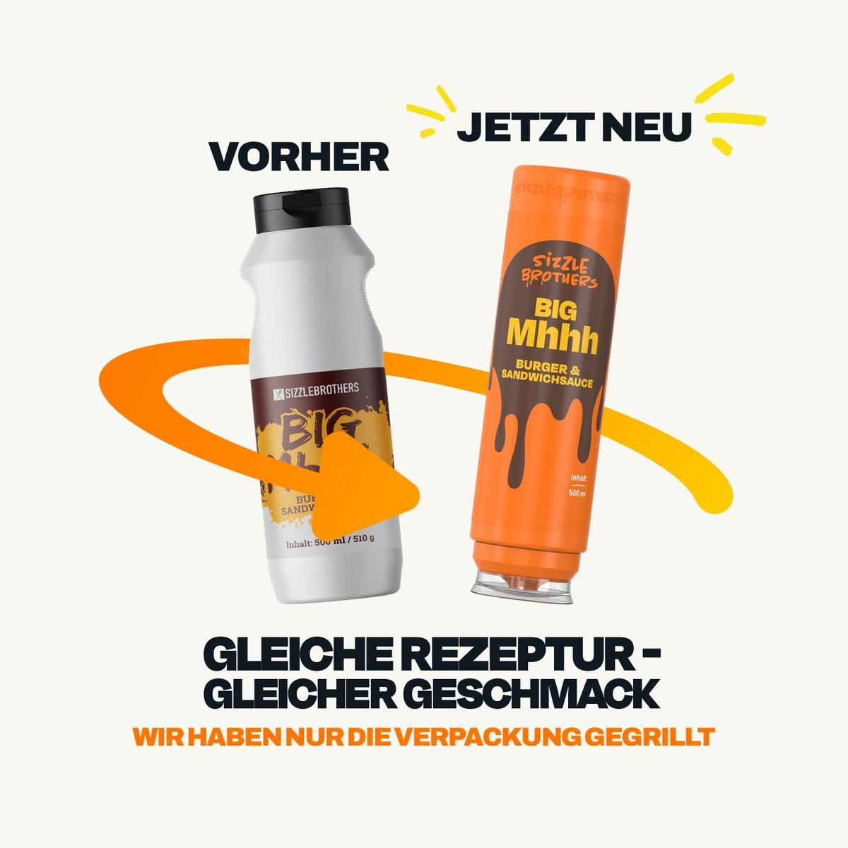 Verpackungswechsel Sizzle Brothers Big Mhhh: alte weiße und neue orange 500-ml-Flasche, laut Text gleiche Rezeptur