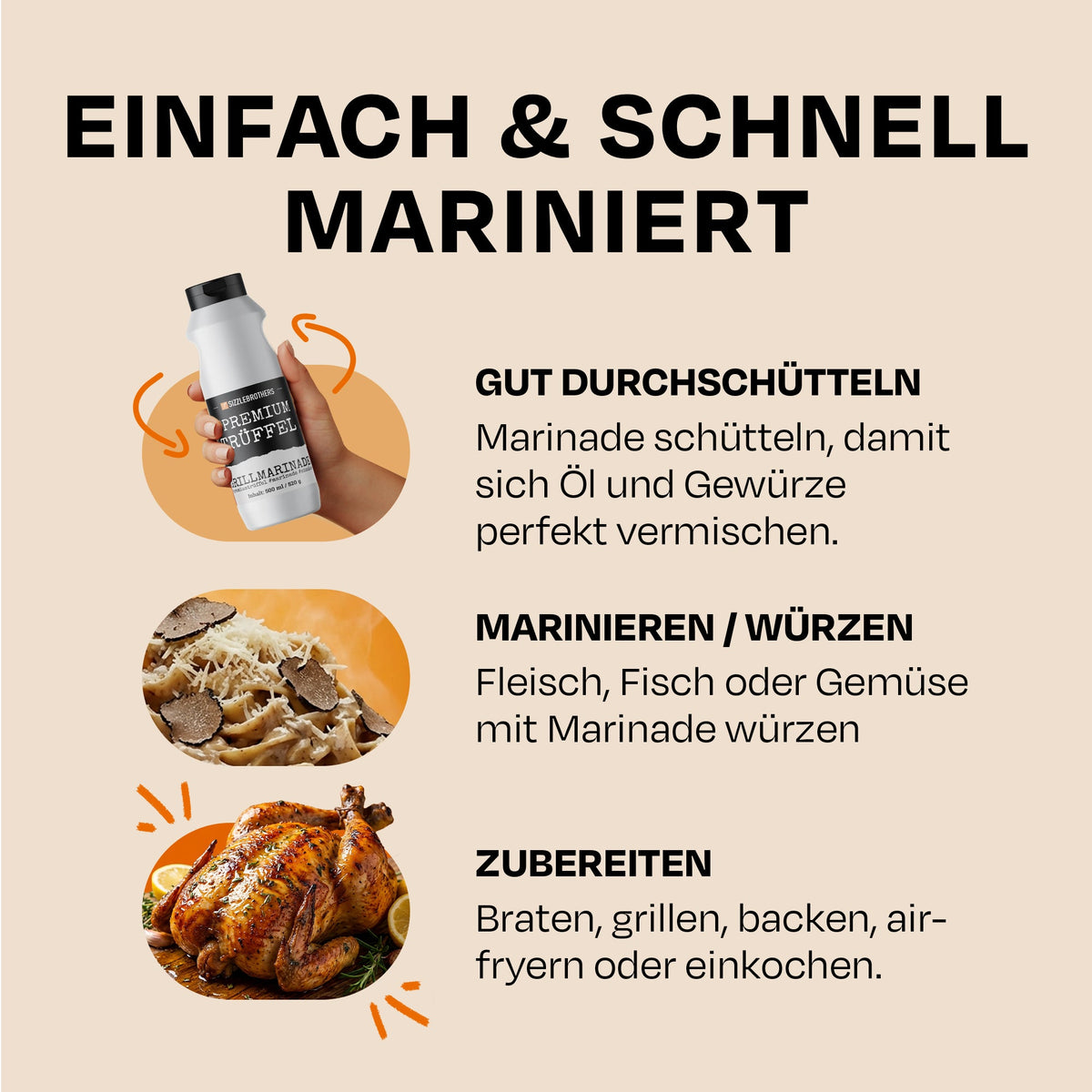 Anleitung zur Sizzle Brothers Premium Trüffel Marinade: schütteln, Fleisch, Fisch oder Gemüse würzen, dann garen