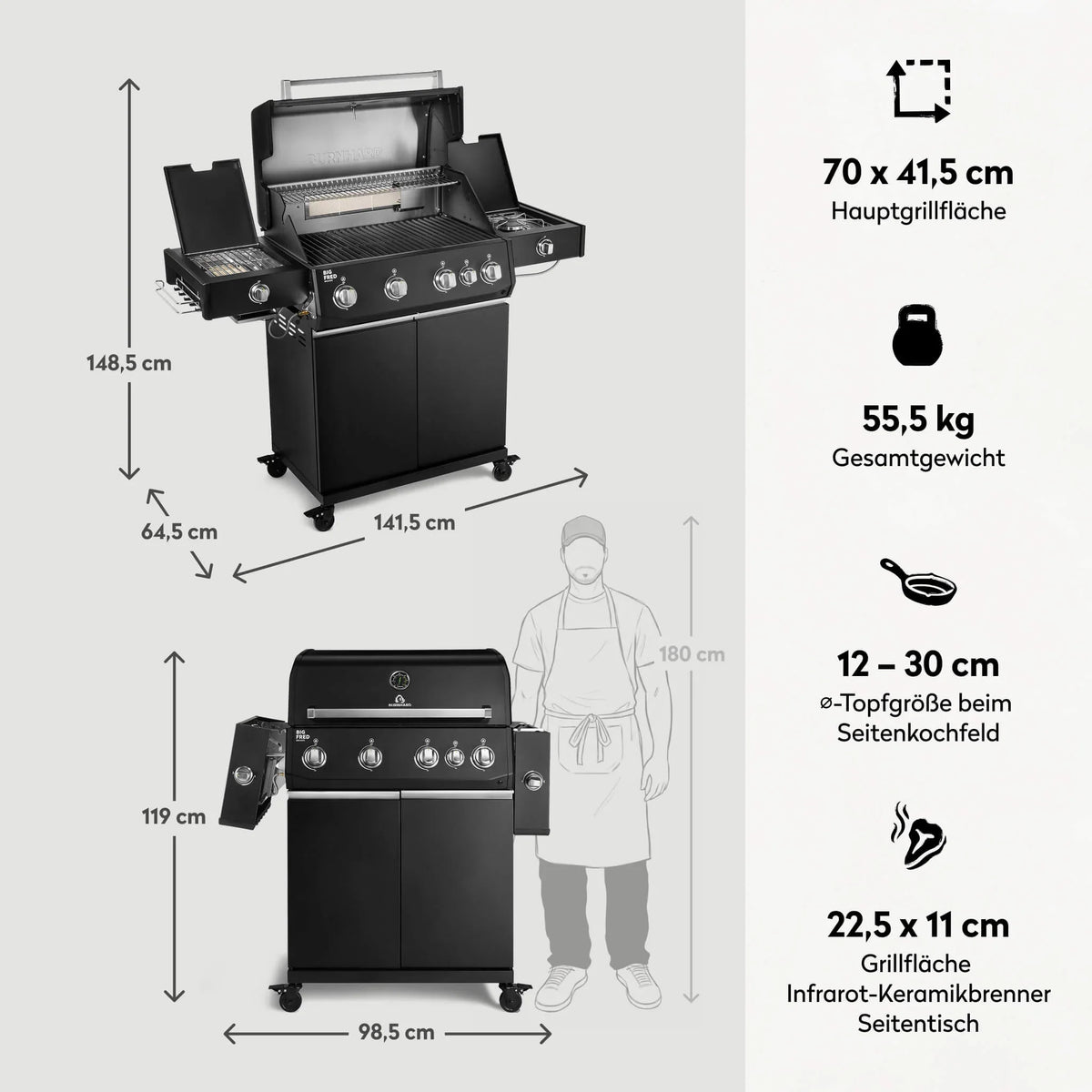 Burnhard Big FRED Deluxe Gasgrill Black Edition 4-Brenner mit Gusseisenrost Series 4