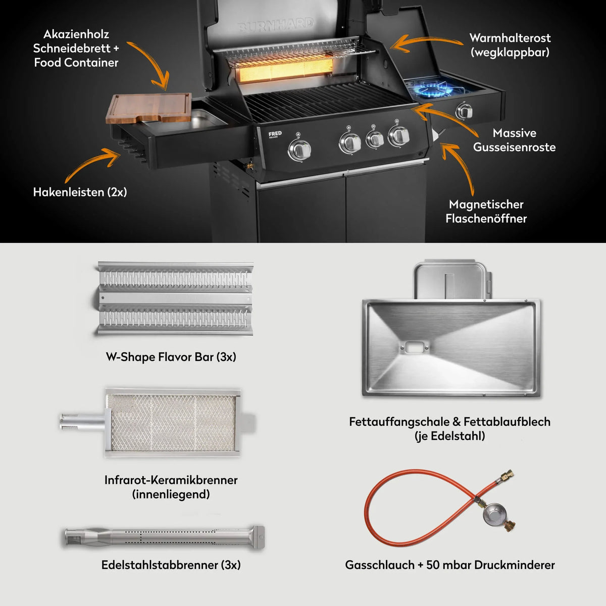 Burnhard FRED Deluxe Gasgrill 3-Brenner Black Edition mit Gusseisenrost Series 4