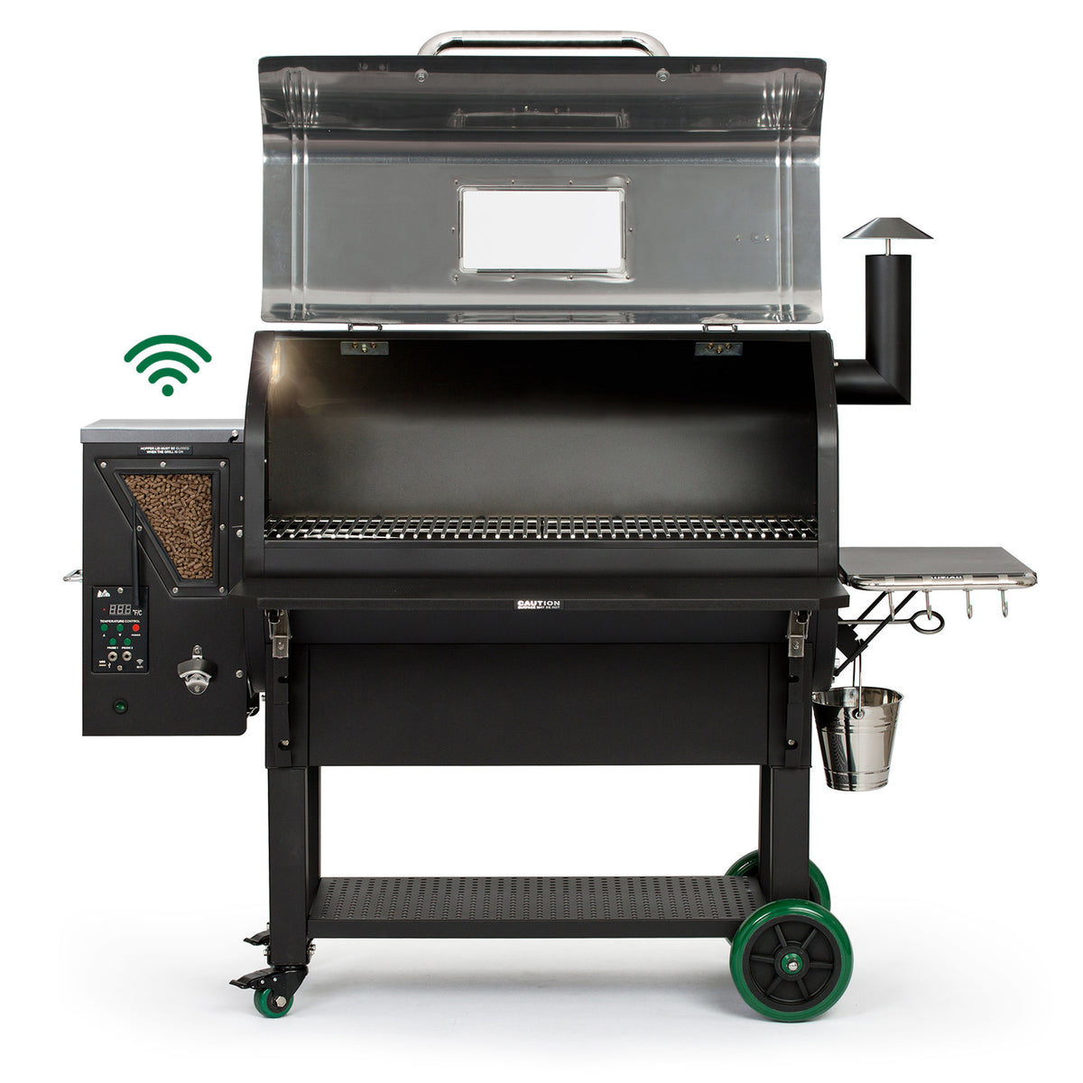 GMG Jim Bowie Prime Plus WiFi Pelletgrill mit geöffneter Edelstahlhaube und Innenbeleuchtung (Herstellerbild)