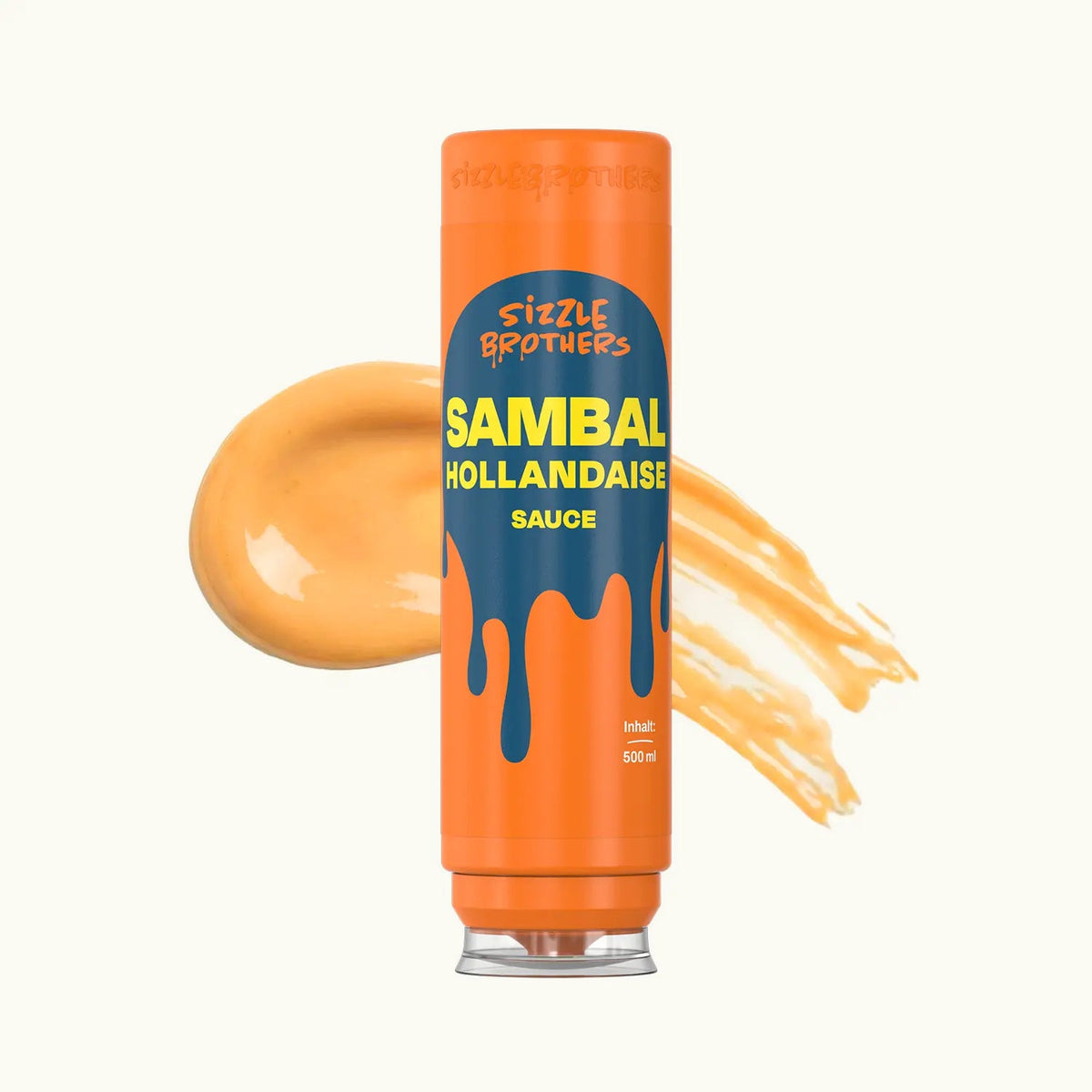 Orange 500-ml-Flasche Sizzle Brothers Sambal-Hollandaise Sauce mit einem Saucenklecks daneben