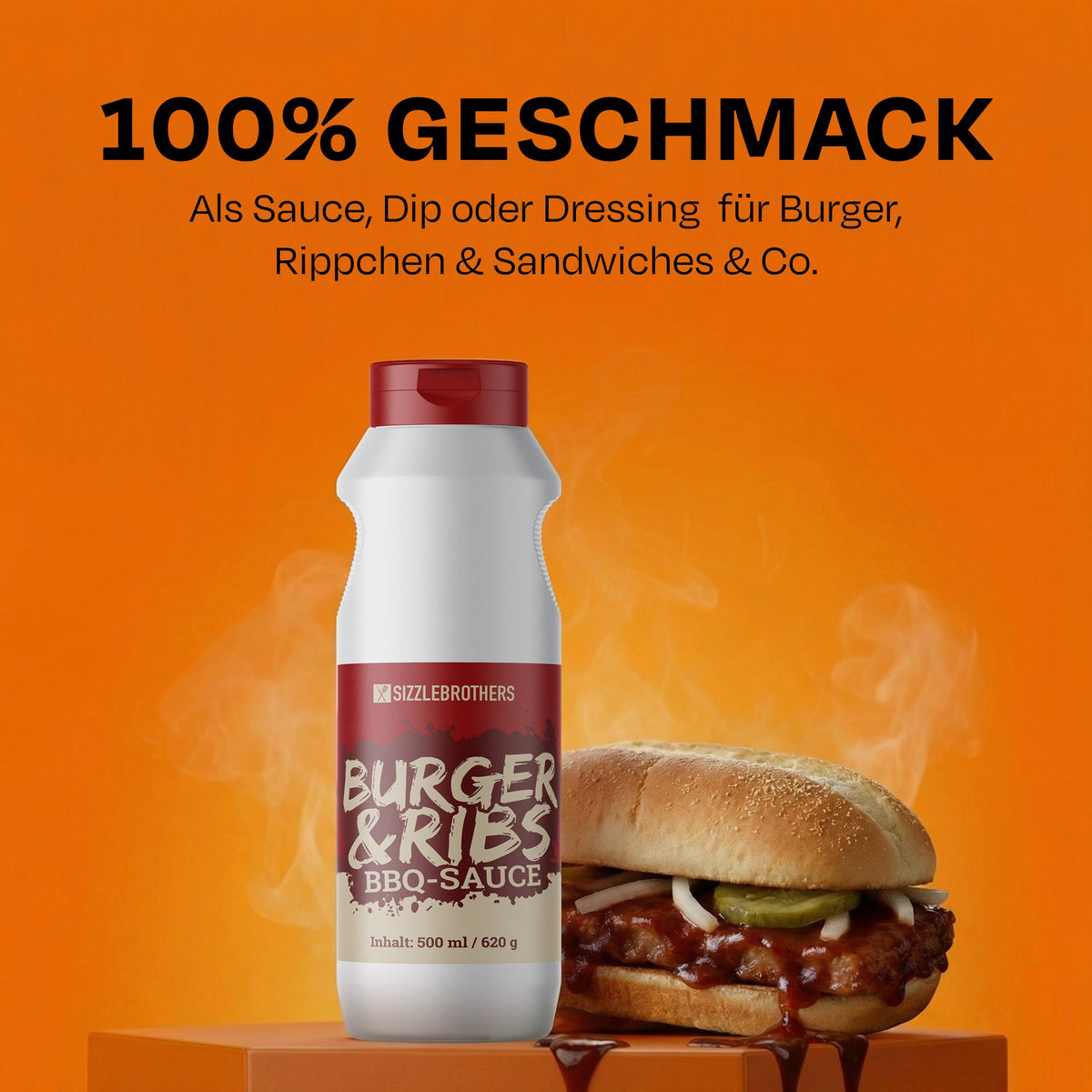 Grafik: Flasche Burger & Ribs BBQ-Sauce von Sizzle Brothers neben einem Burger, Text: als Sauce, Dip oder Dressing
