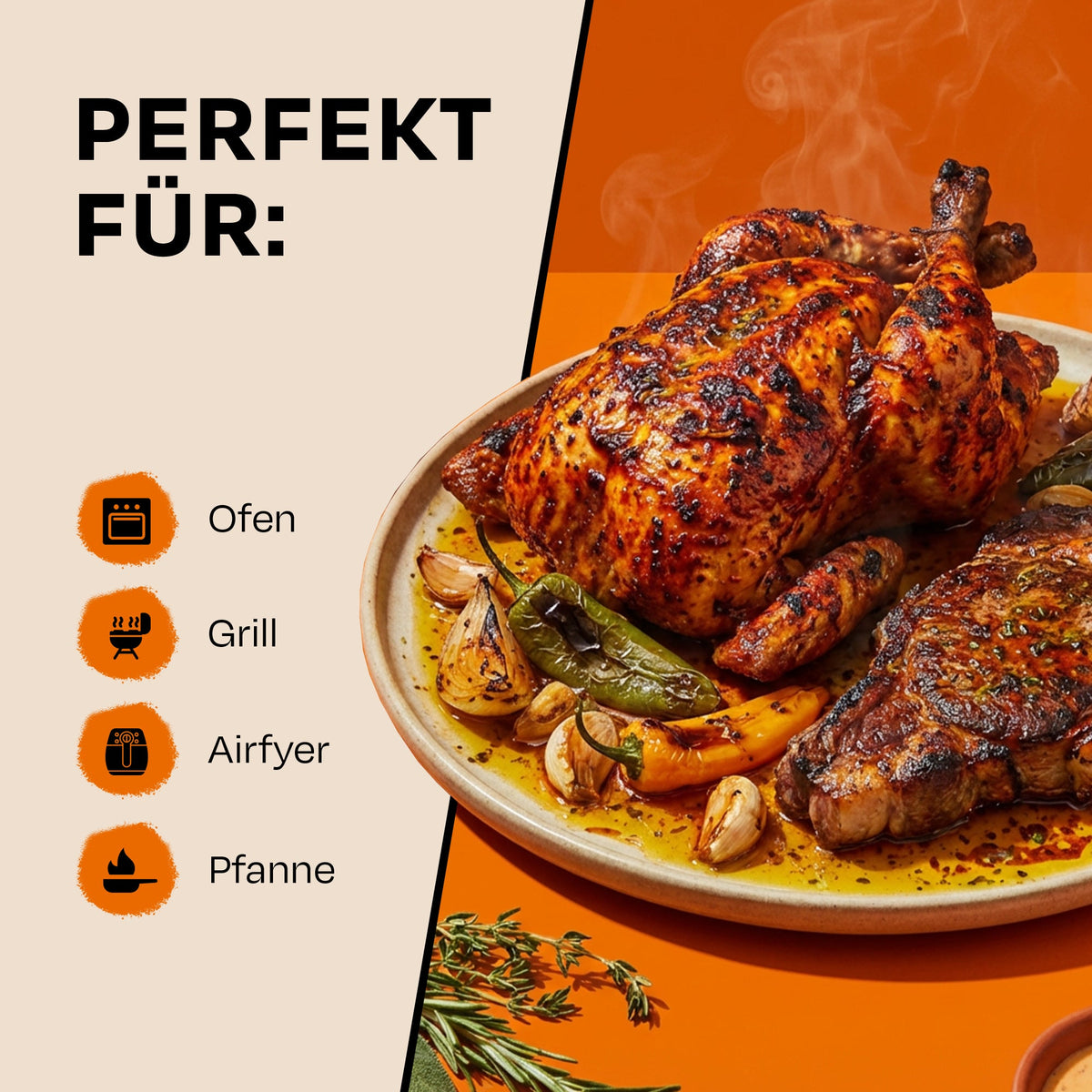 Sizzle Brothers Buttrige Kräuter Marinade, Grafik mit Hähnchen und Steak auf einem Teller: für Ofen, Grill, Airfryer, Pfanne