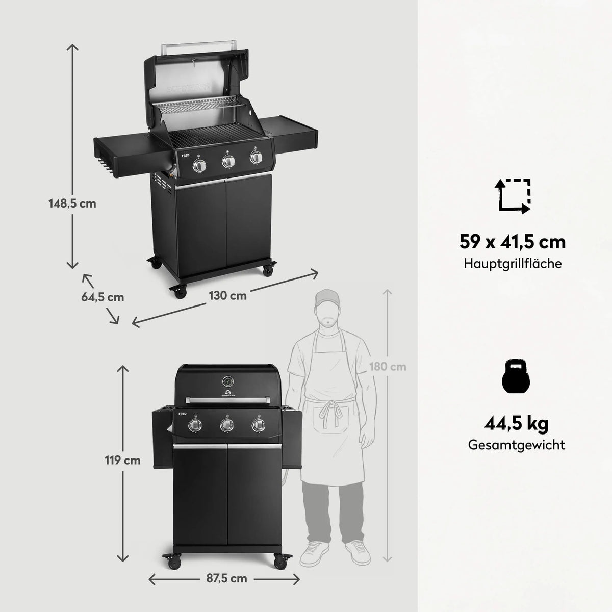 Burnhard FRED Base Gasgrill 3-Brenner mit Gusseisenrost Series 4