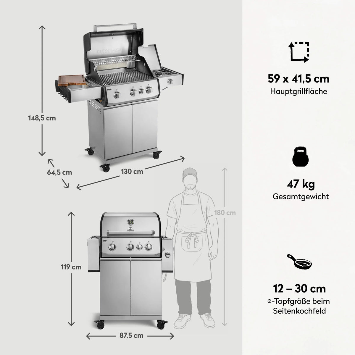 Burnhard FRED Deluxe Gasgrill 3-Brenner Edelstahl mit Edelstahlrost Series 4