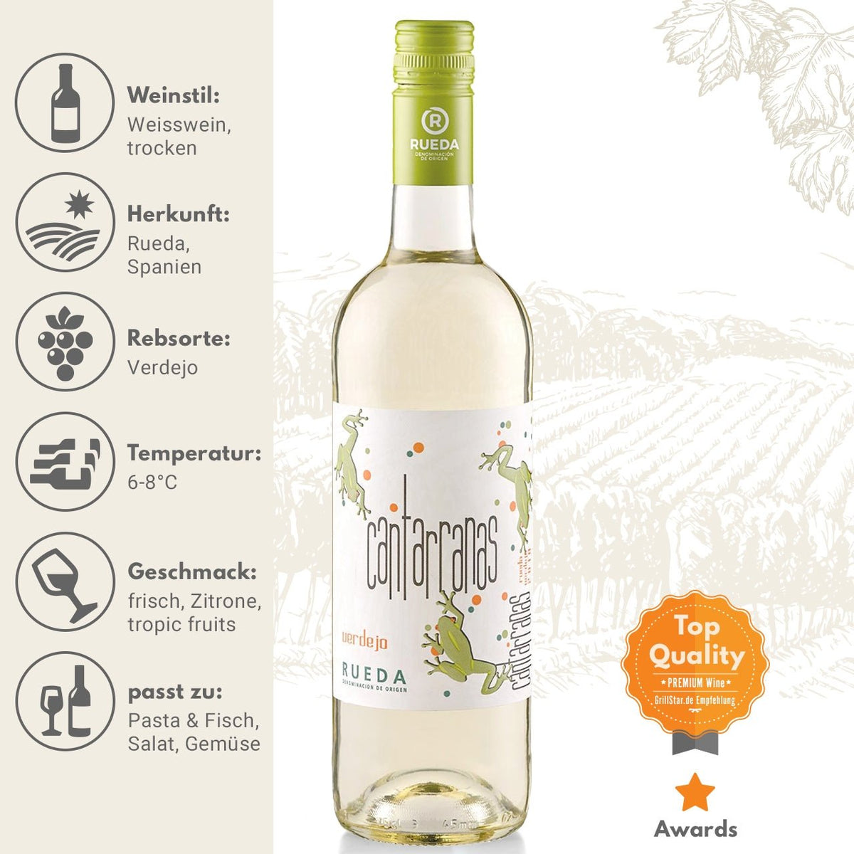 Cuatro Rayas "Cantarranas Verdejo DO" Weißwein - Grillstar.deCuatro Rayas "Cantarranas Verdejo DO" WeißweinCuatro RayasGrillstar.de2034008414219063213